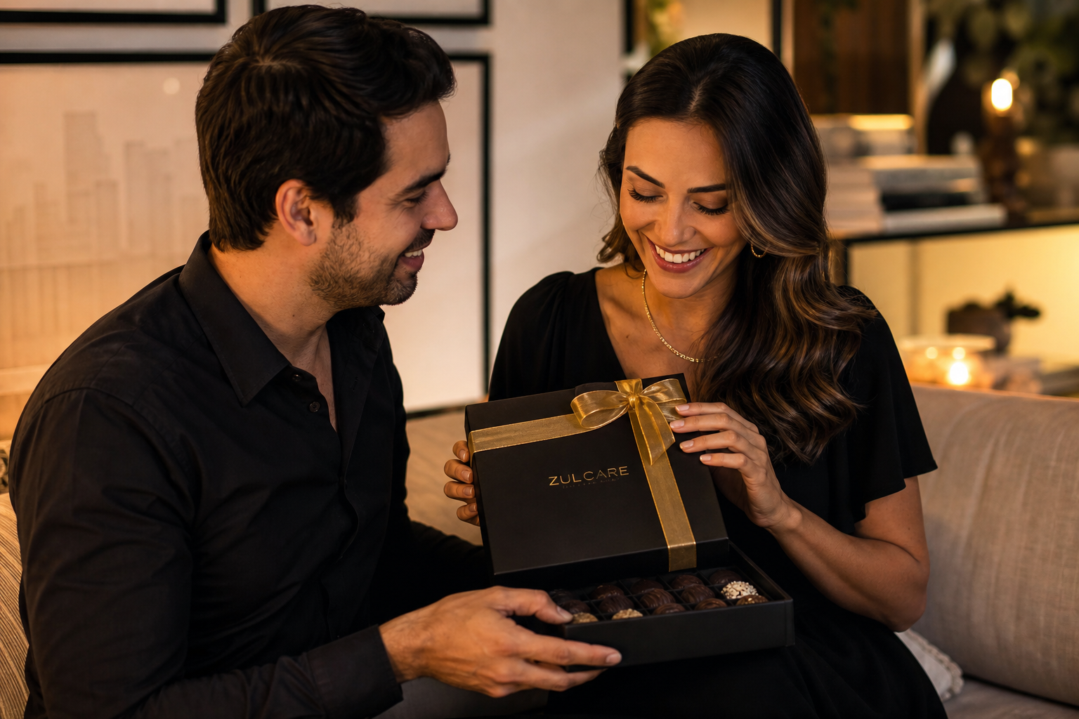 Casal feliz com presente de brigadeiros